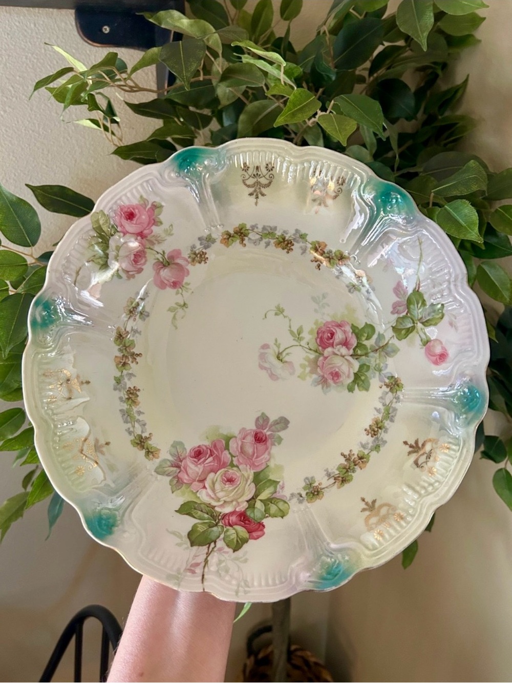 Antique Turn-of-the-Century German Porcelain Floral Serving Bowl.